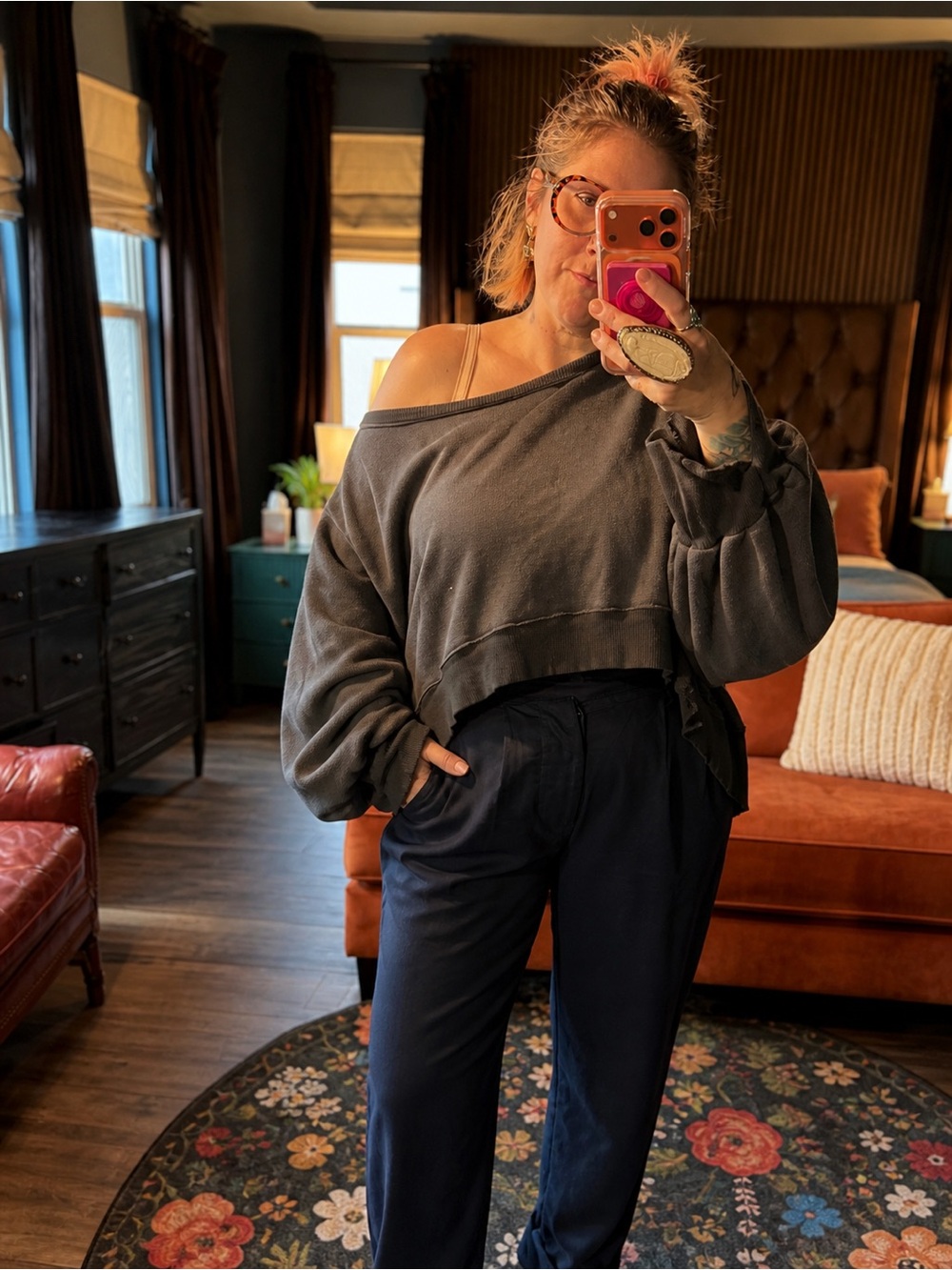 Free People We The Free Oversized Cropped Sweatshirt Charcoal Gray X-Large Boho
